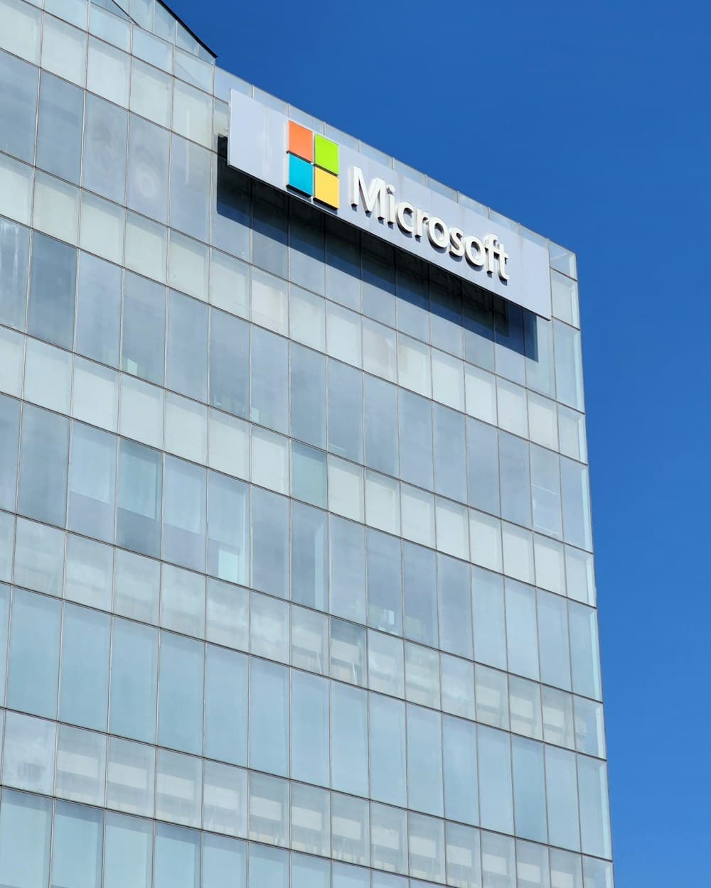The Microsoft campus in downtown Redmond against a blue sky