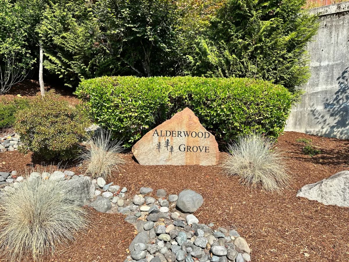 Alderwood Grove natural stone entry sign with evergreen tree carvings in Duvall WA
