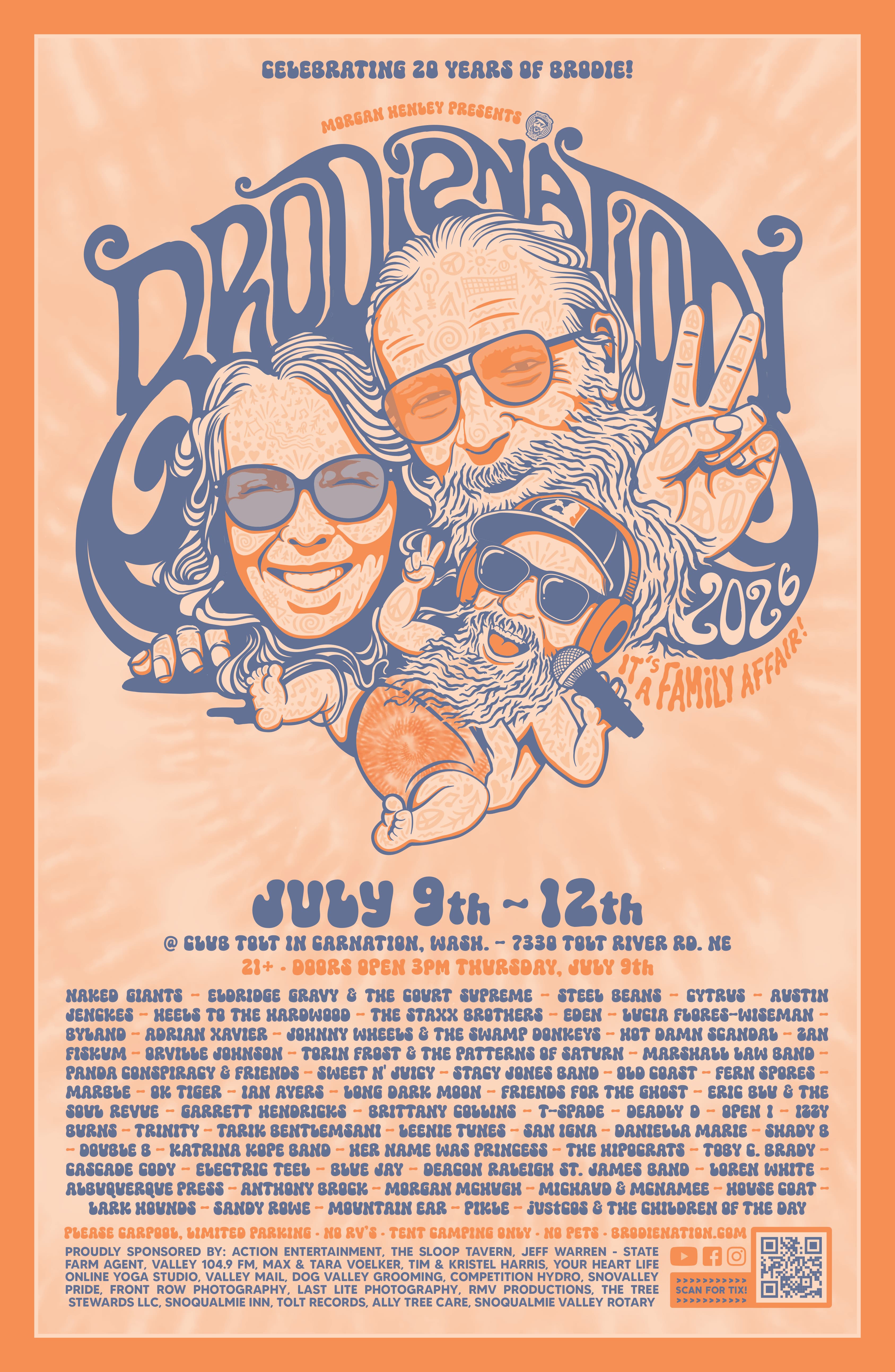 Brodie Nation 2026 poster: Morgan Henley presents, July 9th through 12th at Club Tolt in Carnation, with the full lineup of sixty artists